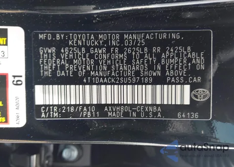 2025 Toyota Camry Le из США, поврежденный, VIN 4T1DAACK2SU597189